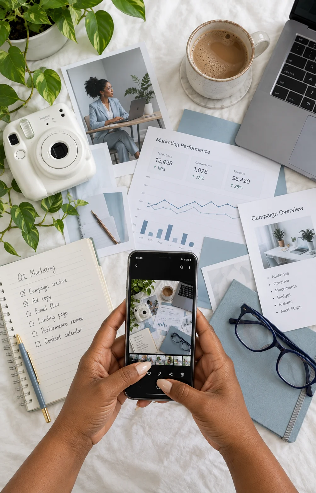 Digital marketing performance workspace with campaign analytics, planning notes, and creative assets.