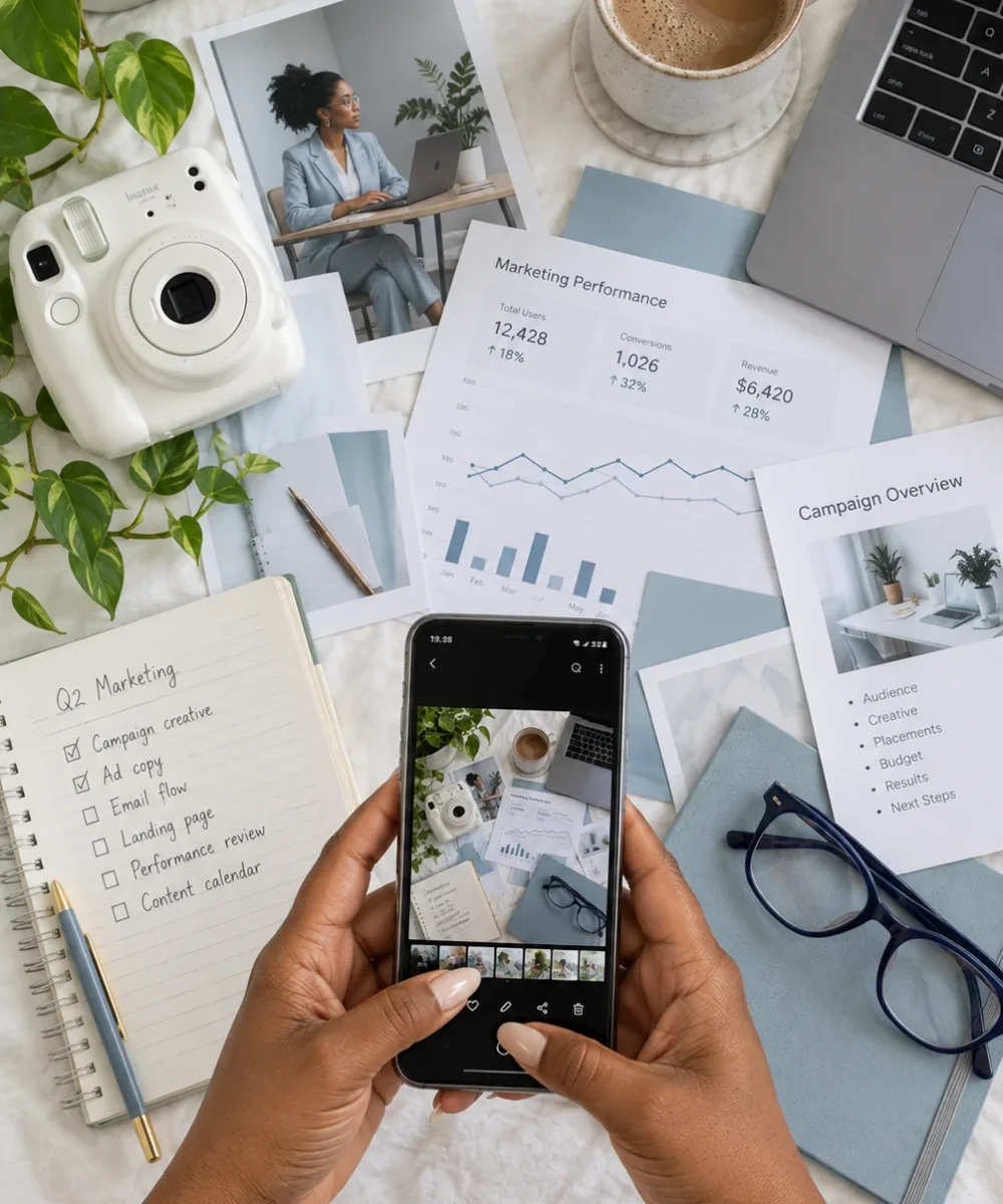 Digital marketing performance workspace with campaign analytics, planning notes, and creative assets.