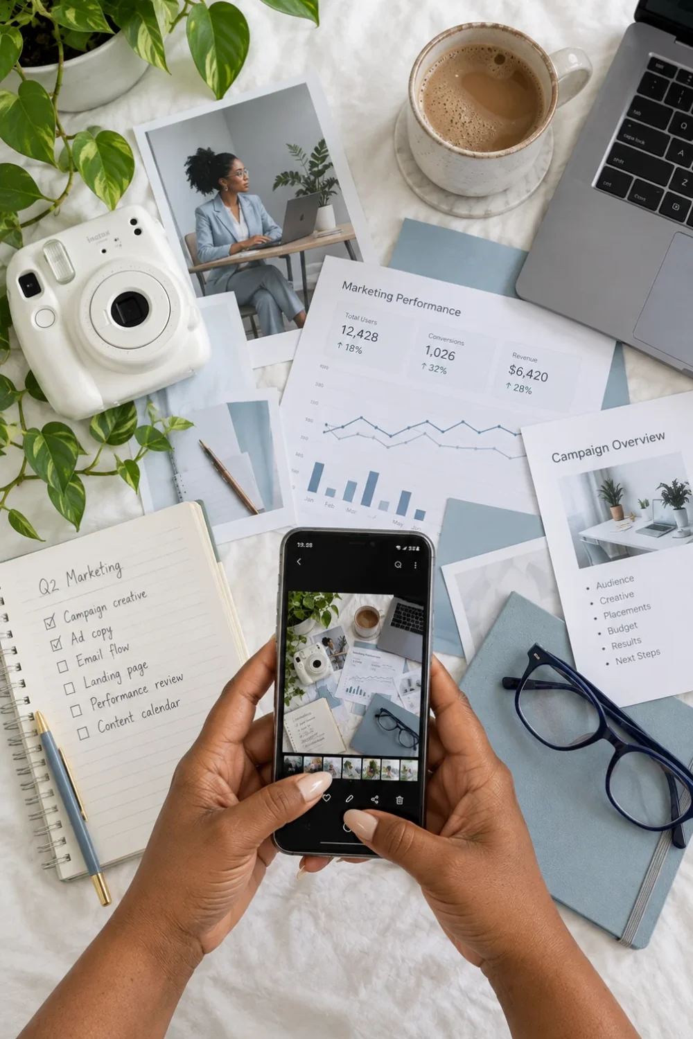 Digital marketing performance workspace with campaign analytics, planning notes, and creative assets.