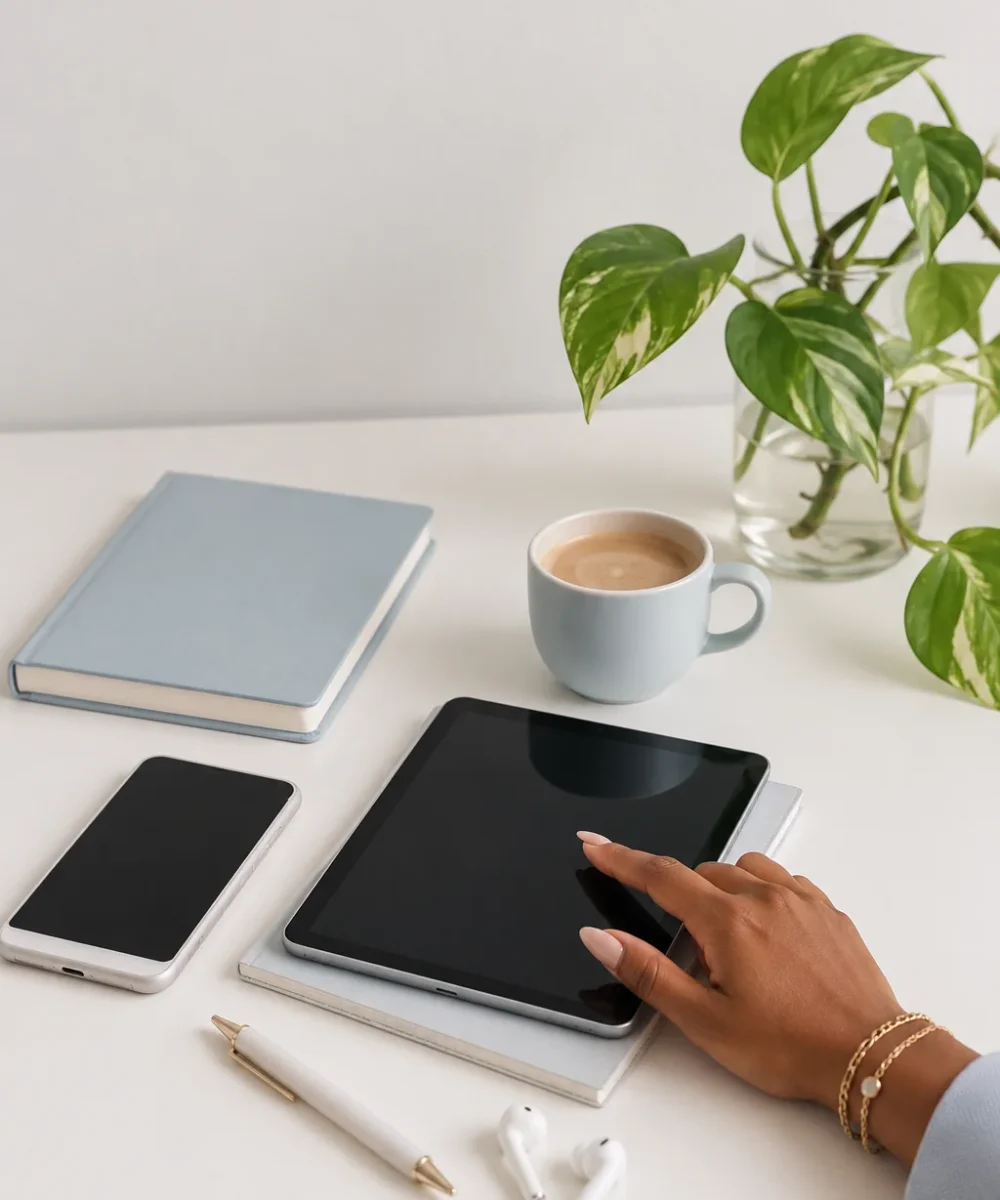 Digital marketing strategy workspace with tablet, planning notebook, coffee, and pothos plant