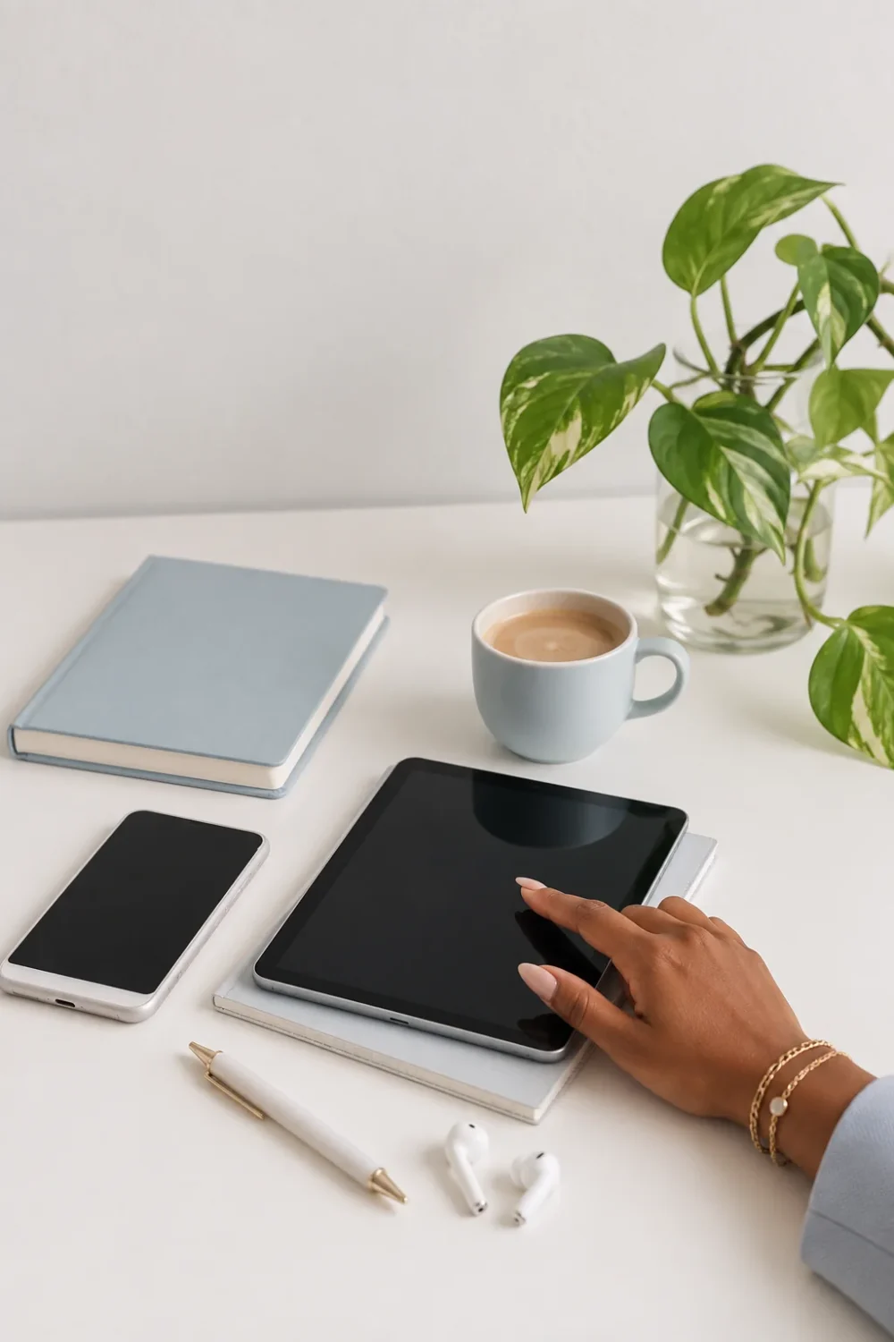 Digital marketing strategy workspace with tablet, planning notebook, coffee, and pothos plant